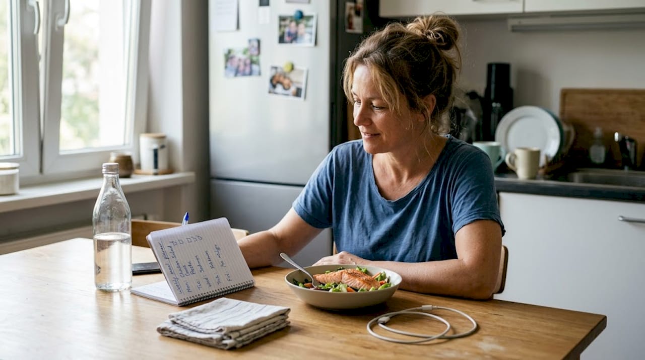 Woman having healthy lunch tracking hydration