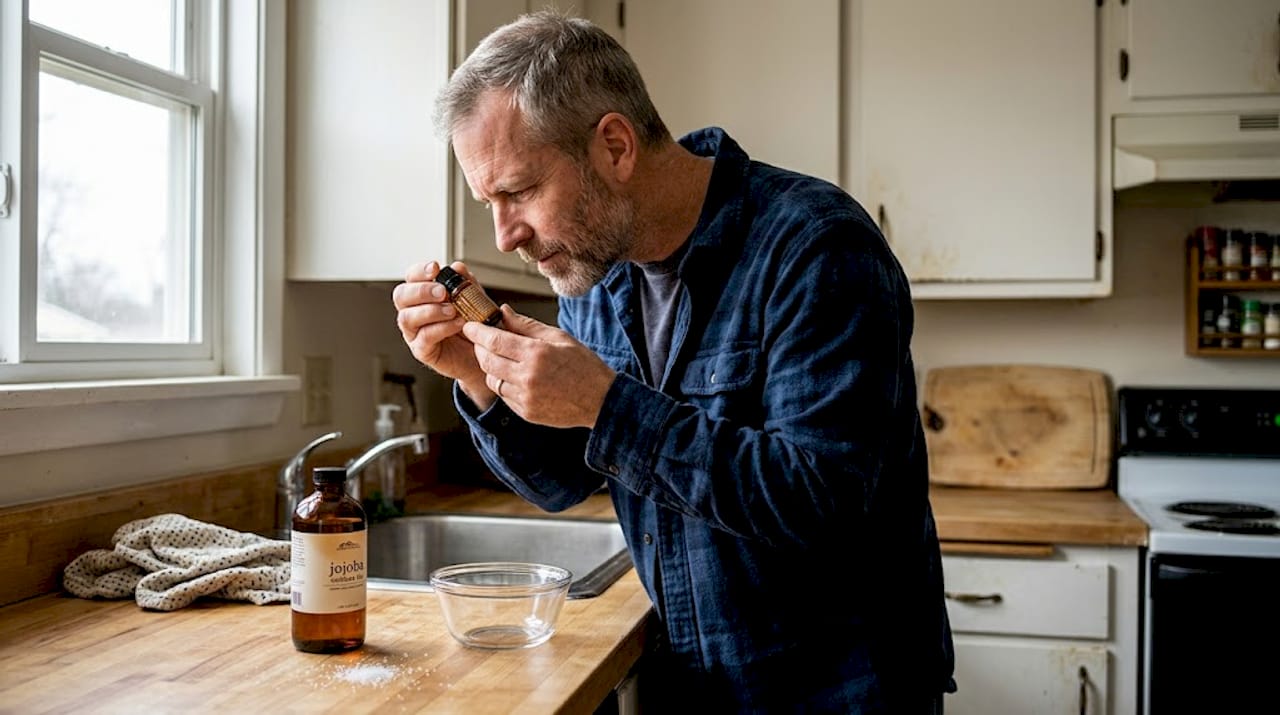 Man reading essential oil instructions in kitchen