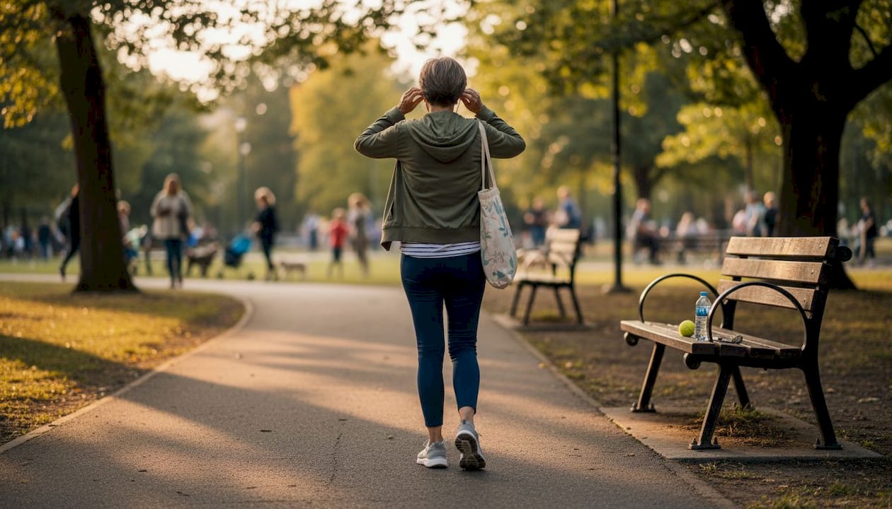 Senior woman walking upright in a park