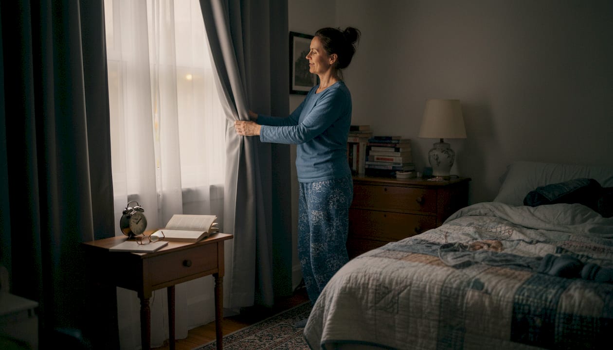 Woman setting bedroom for restful sleep routine