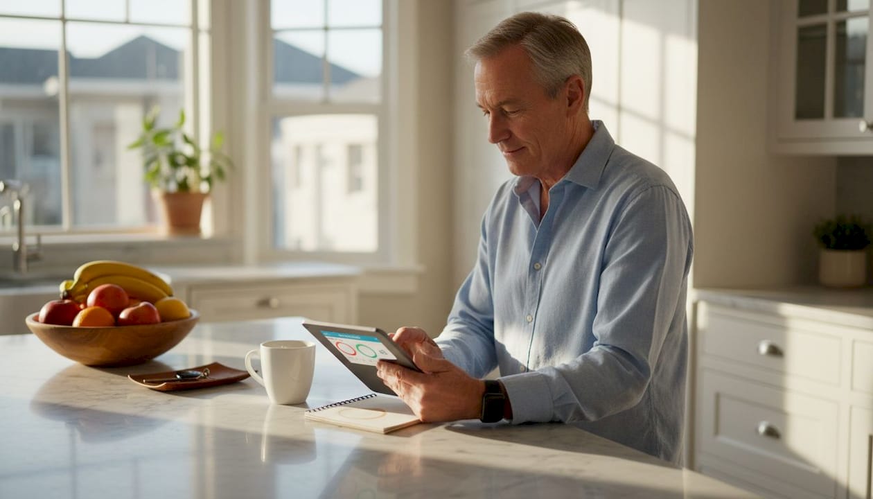 Man checks wearable health data in kitchen