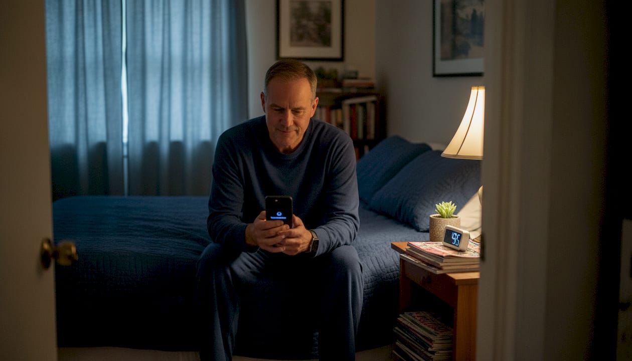Man preparing evening self-care routine in bedroom