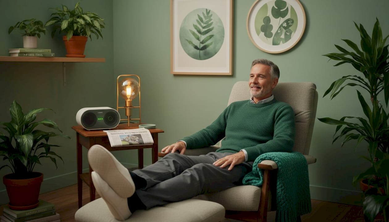 Midlife man relaxing in cozy den