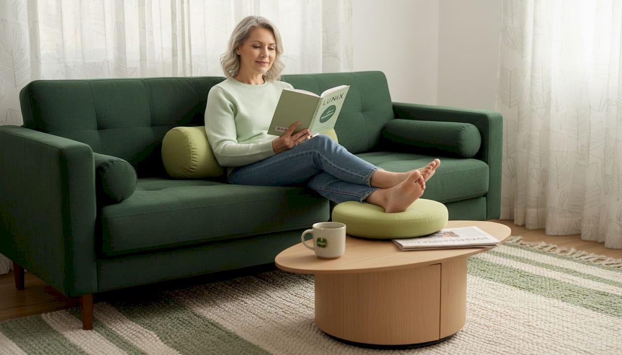 Woman in ergonomic living room reading comfortably
