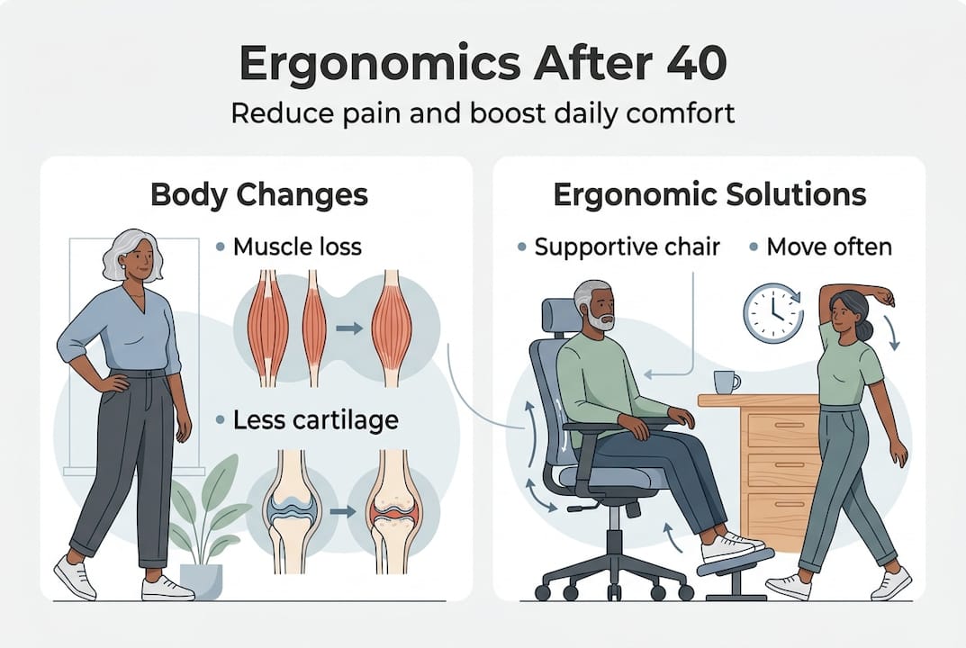 Infographic showing body changes and ergonomic solutions