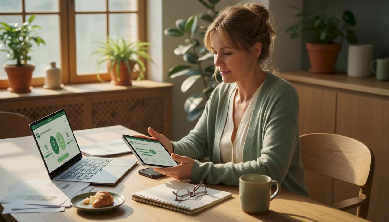 Woman reviewing wellness app at kitchen table