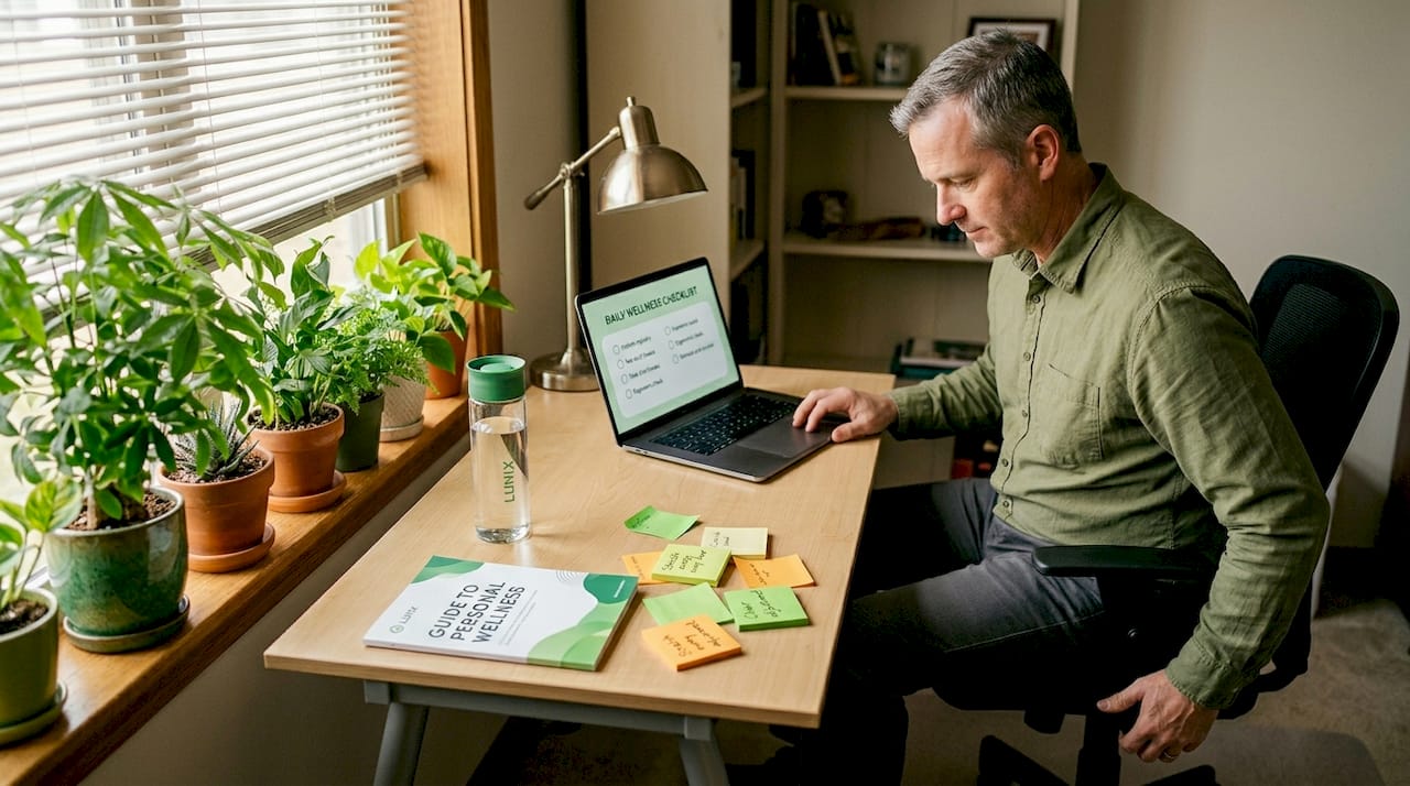 Man adjusting chair for comfort in home study