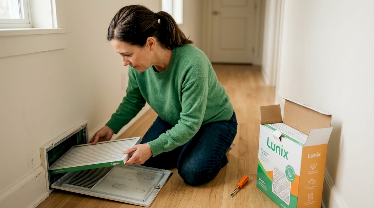 Woman replacing HVAC filter in hallway
