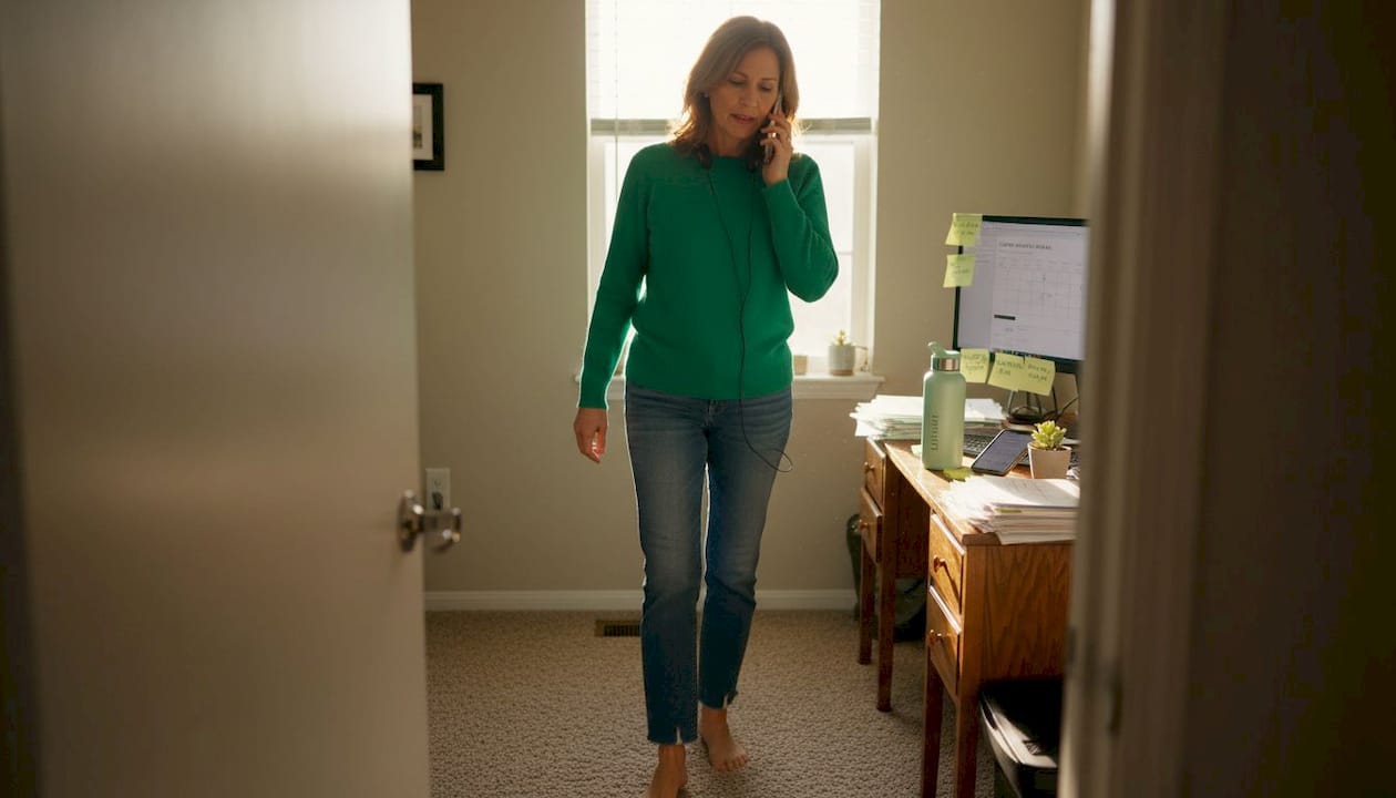 Woman walking during work call at home