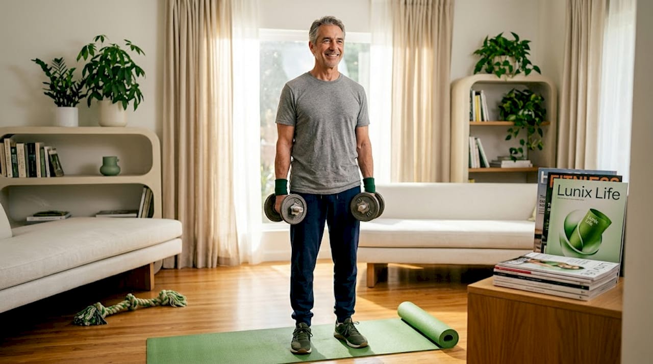 Older man strength training at home living room
