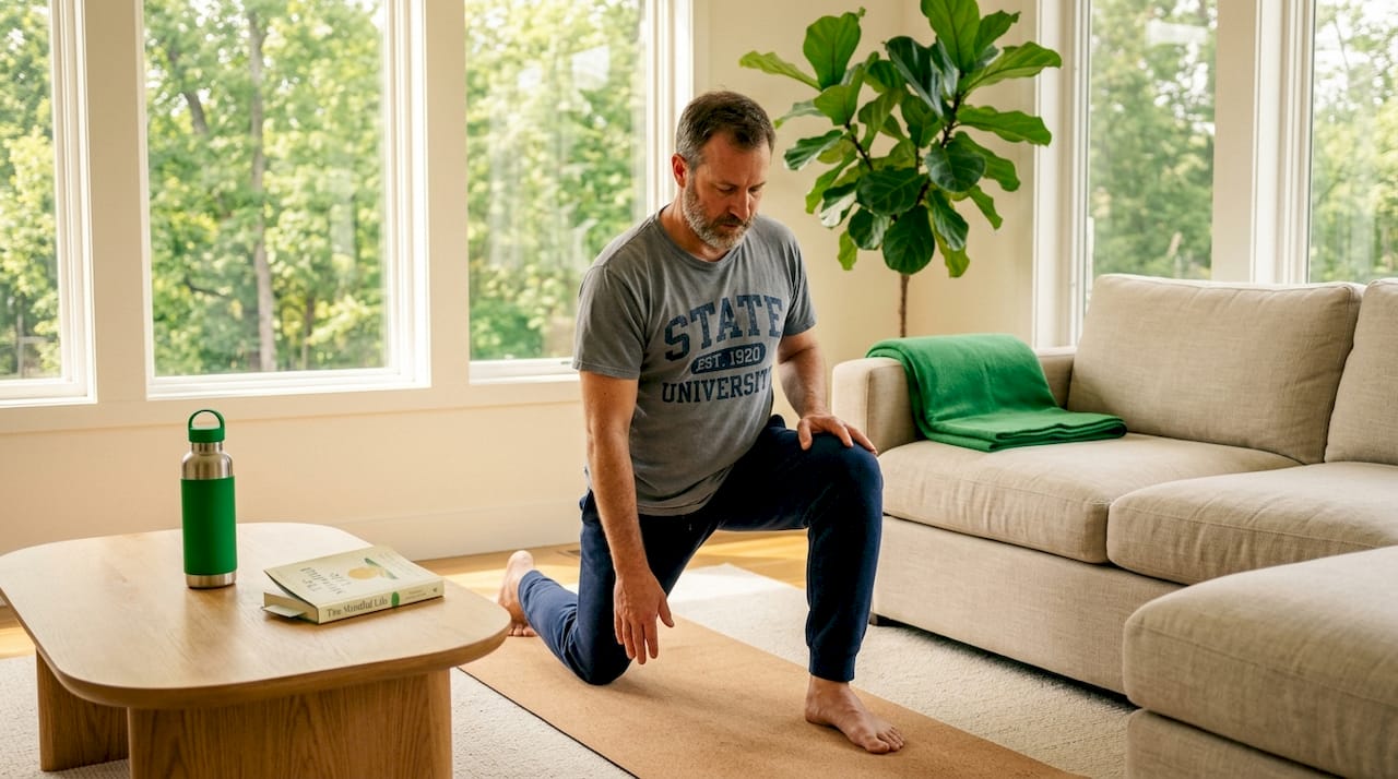 Midlife adult stretching in sunlit living room