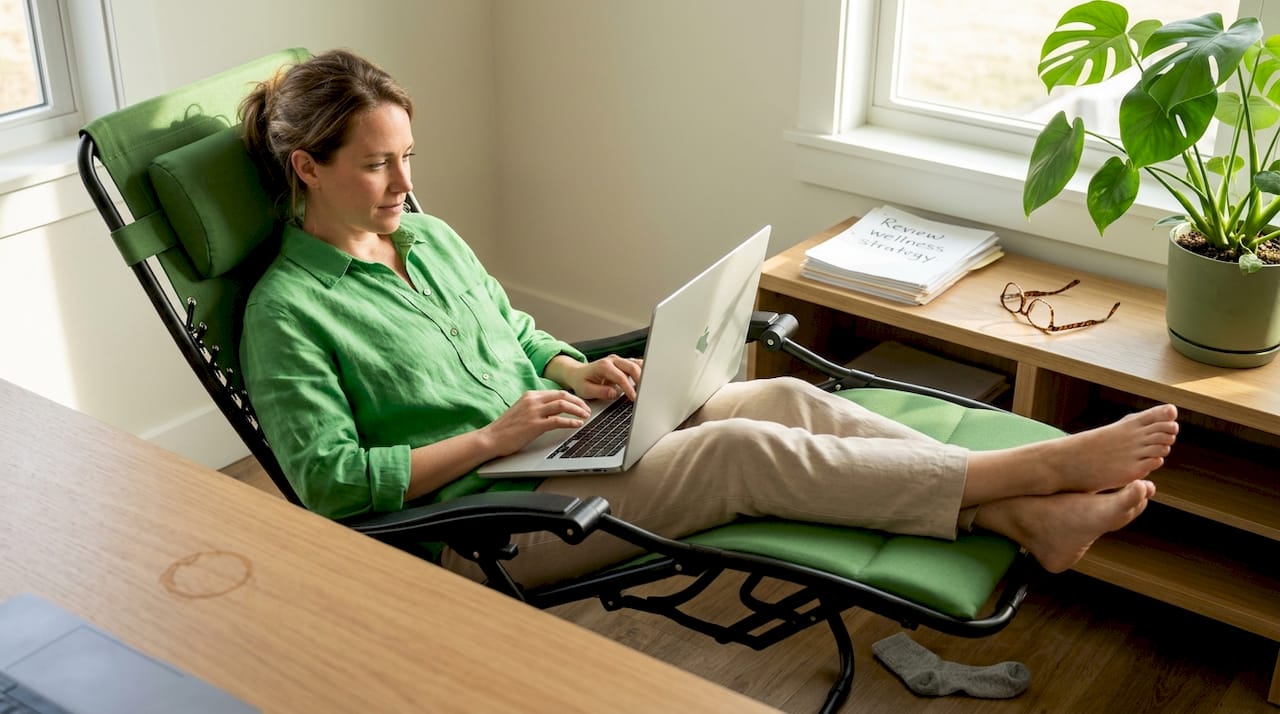Woman working in zero gravity recliner