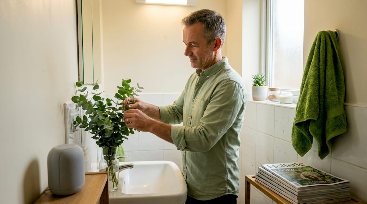 Man setting up wellness space in bathroom