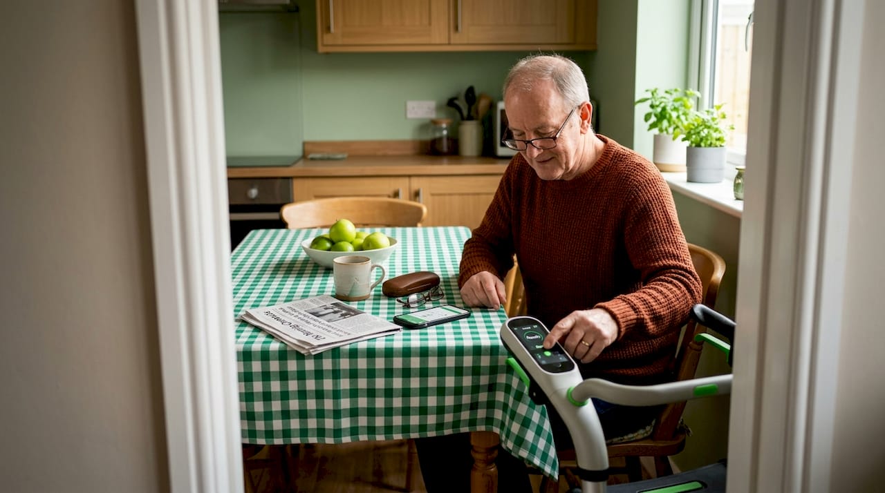 Man adjusting rollator in sunny kitchen