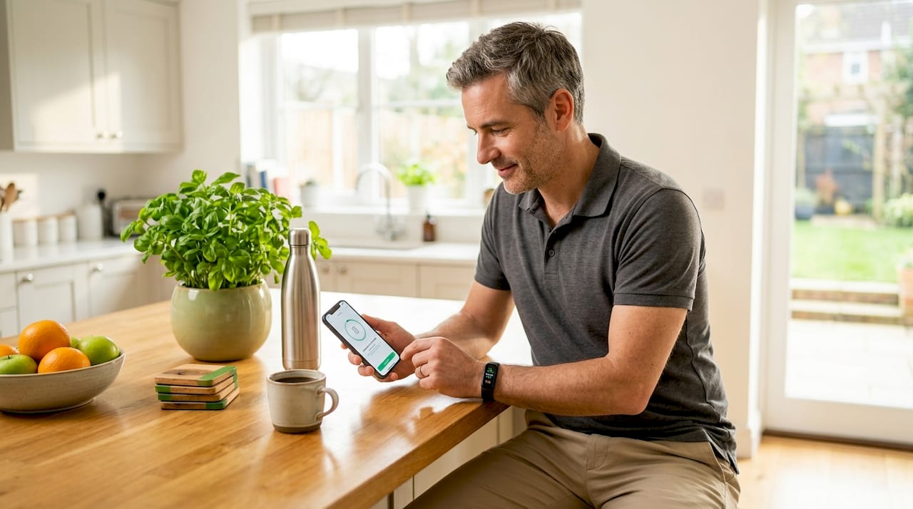 Man checks wearable device at kitchen counter