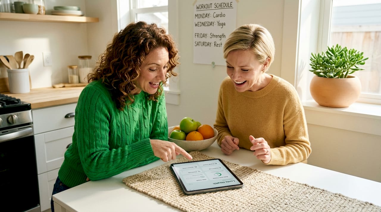 Women comparing health apps at kitchen island