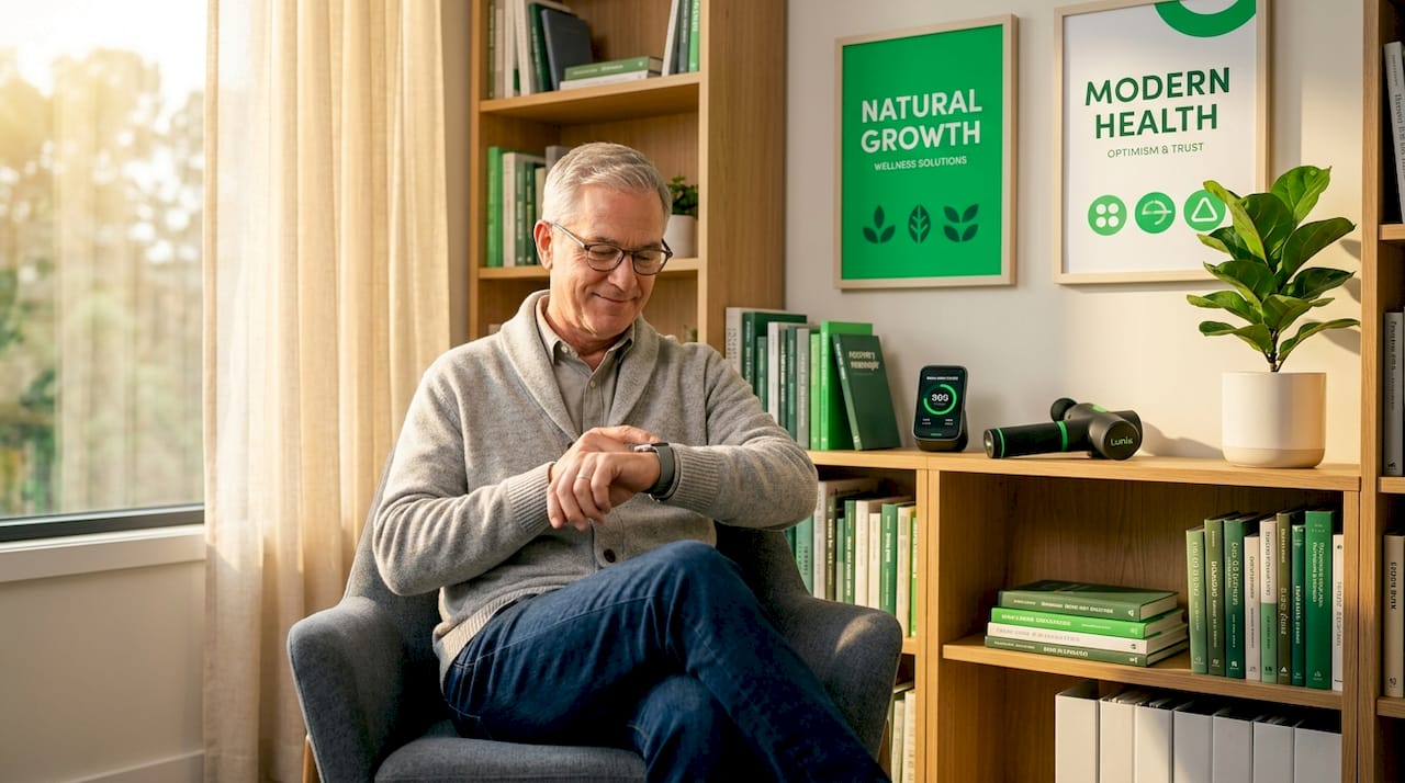 Man checking health device on couch