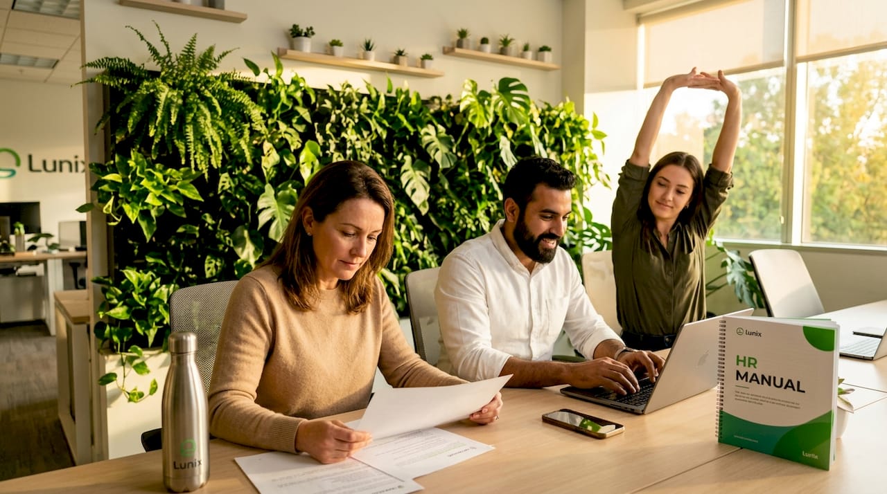 Employees working near indoor living wall and plants