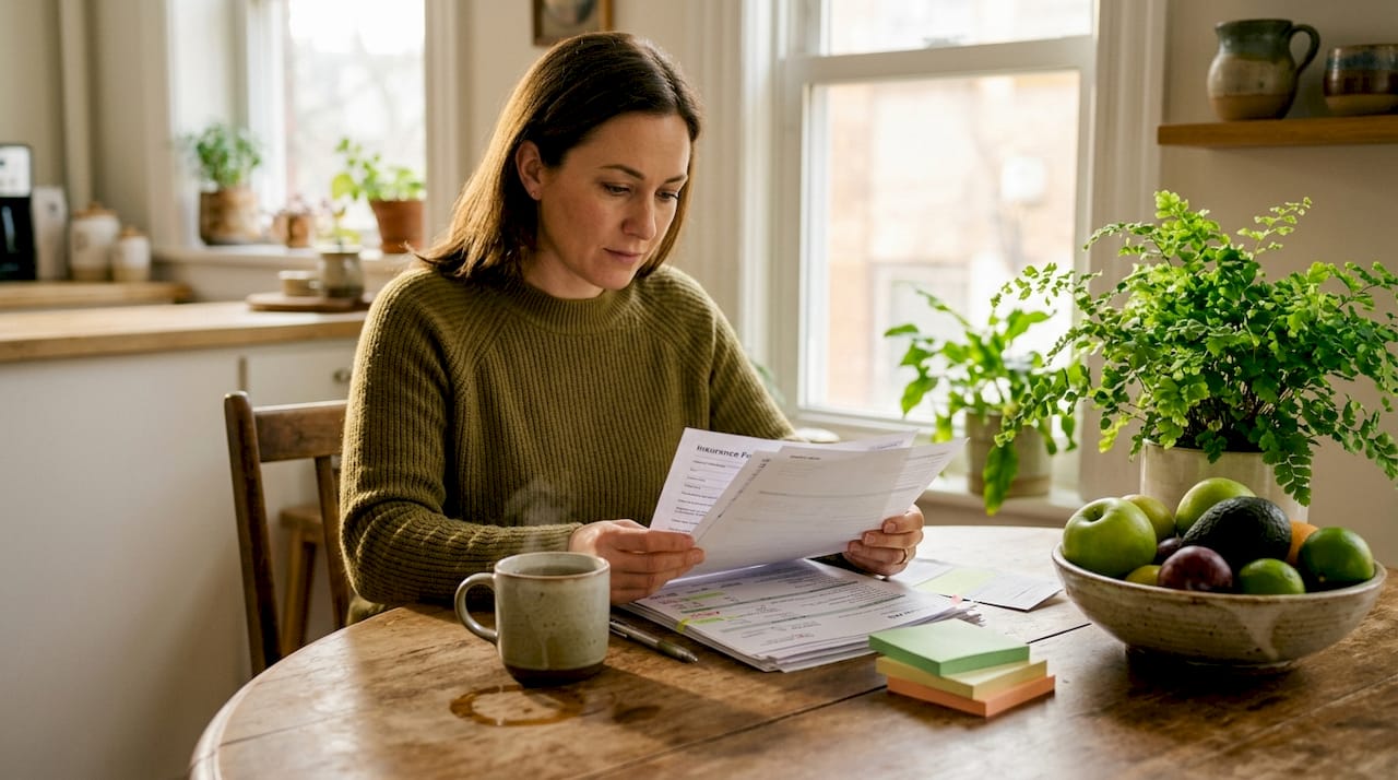 Woman reviews bills at sunlit kitchen table