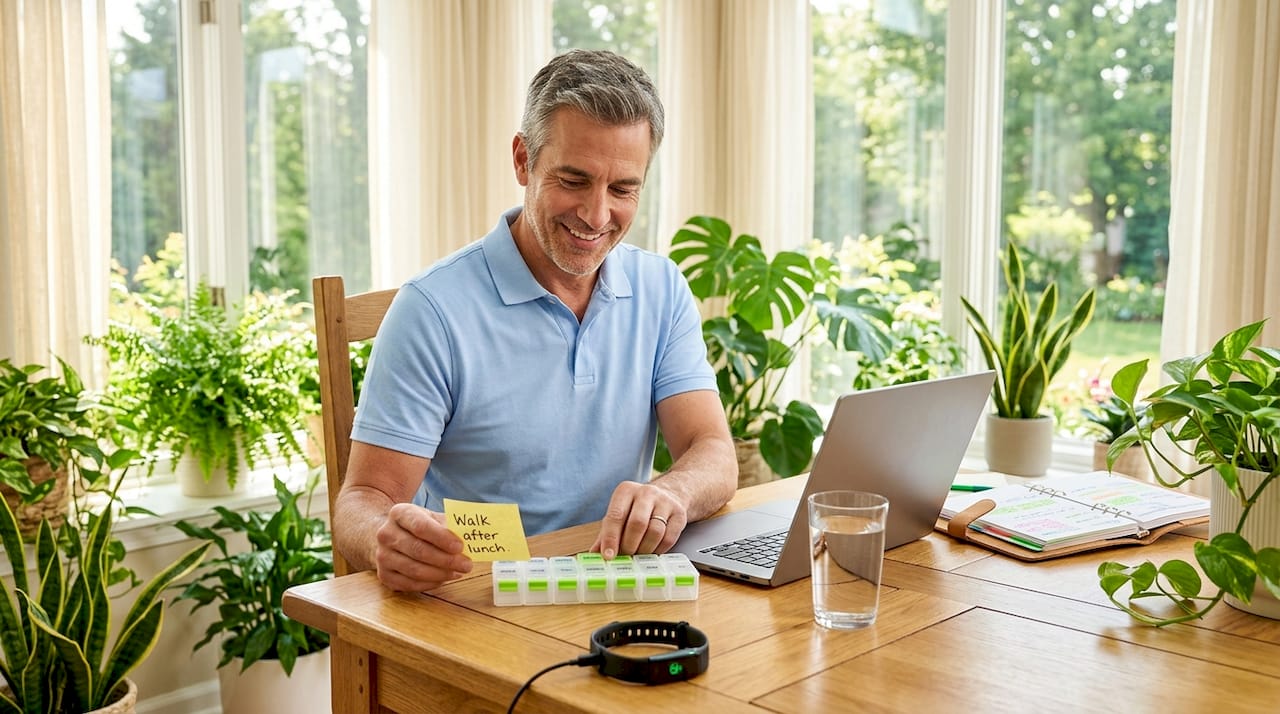 Man planning health habits at home desk