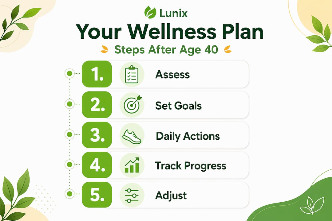 Infographic showing steps for wellness plan after 40
