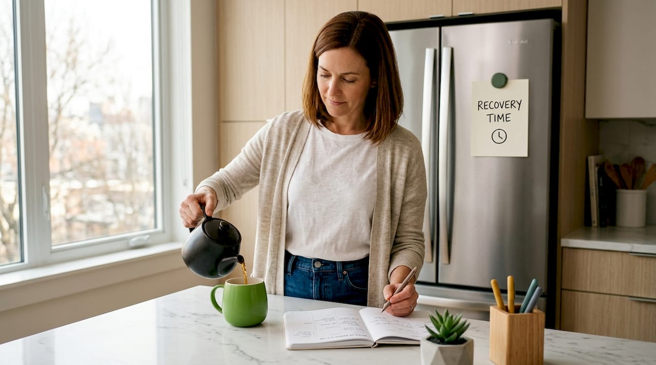 Woman planning varied rest in kitchen routine