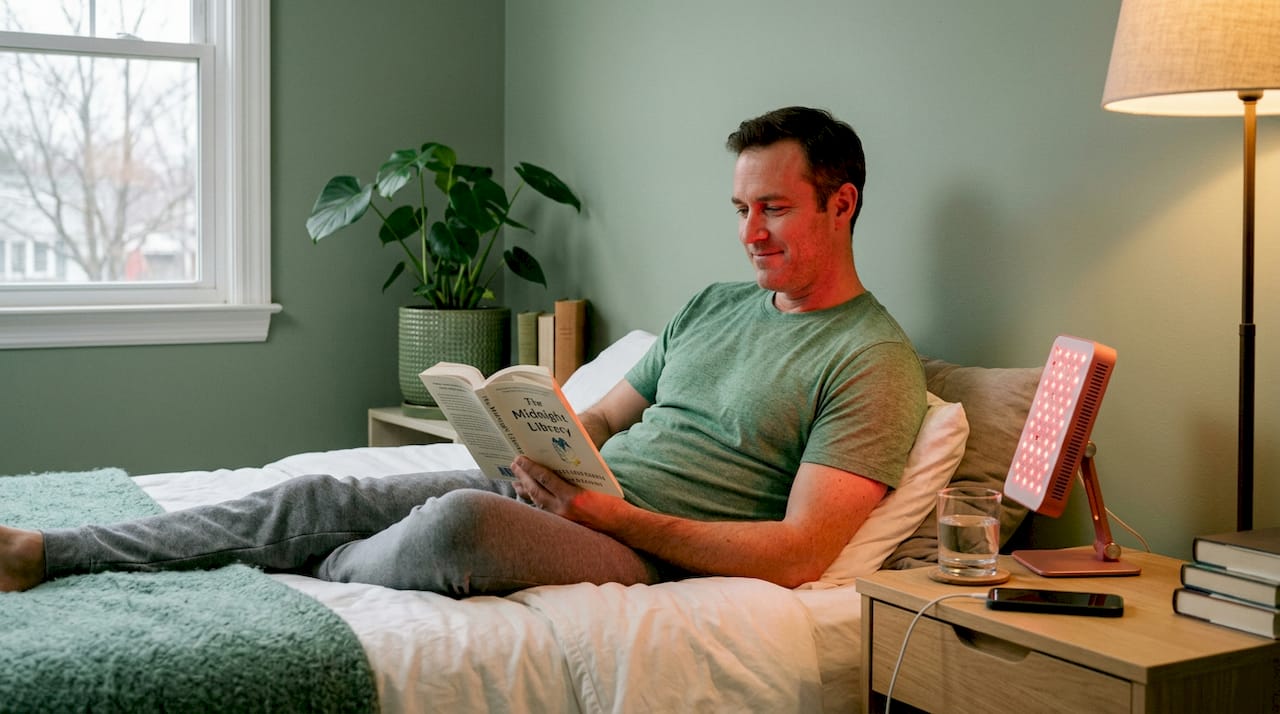 Person reading near glowing red light device