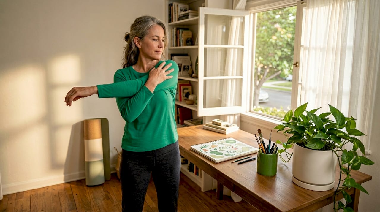 Woman stretching shoulder near home office desk