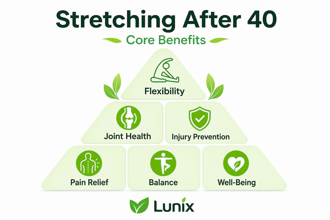 Infographic of stretching benefits pyramid for adults over 40