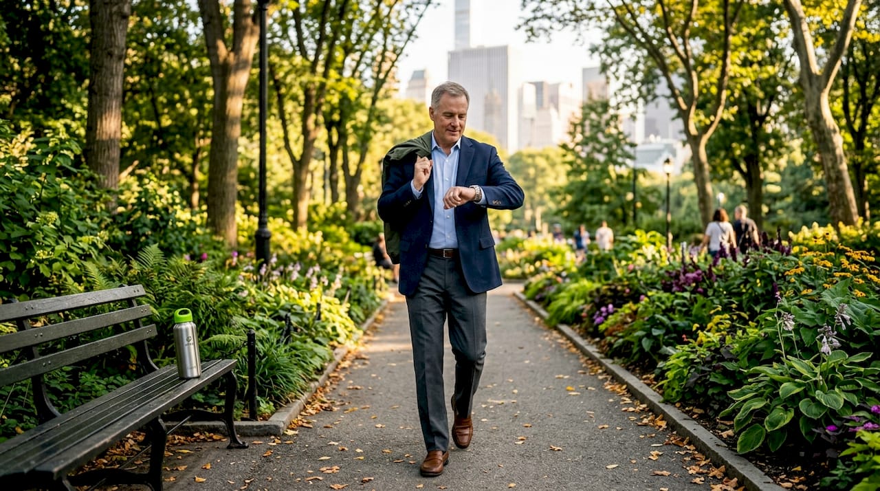Man walking for stress relief in city park