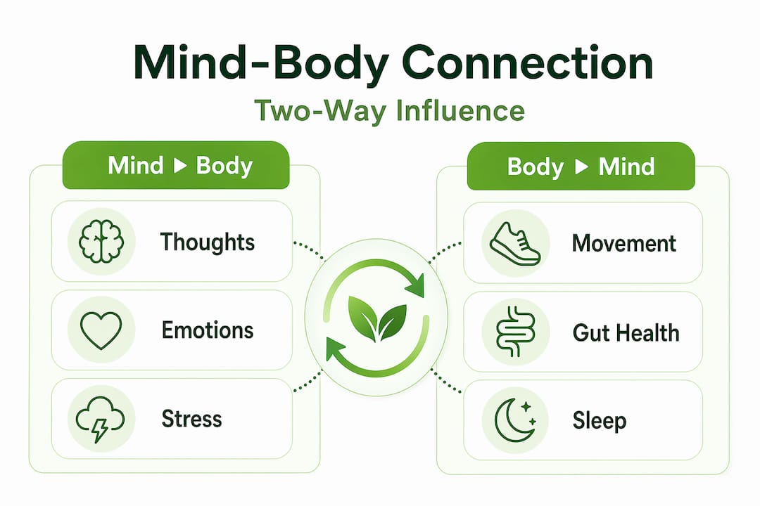 Split-group infographic of mind and body influences
