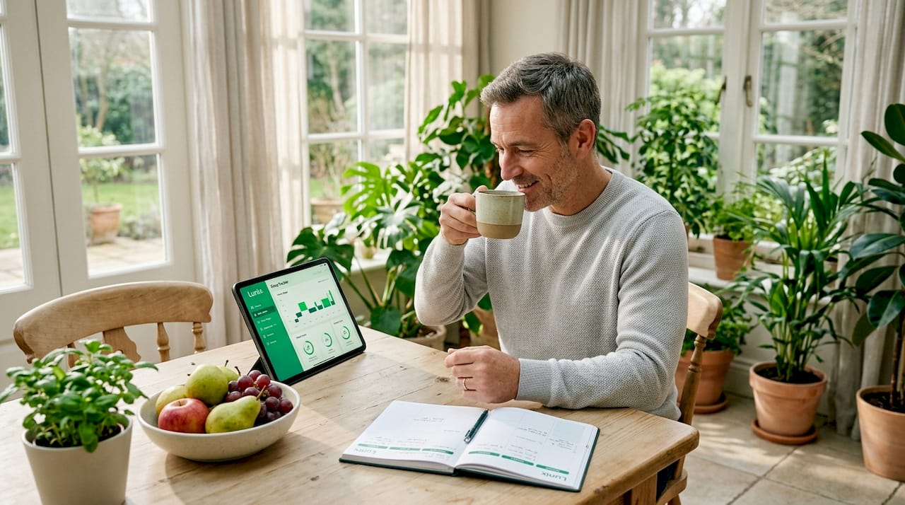 Man reviewing wellness habits in home workspace