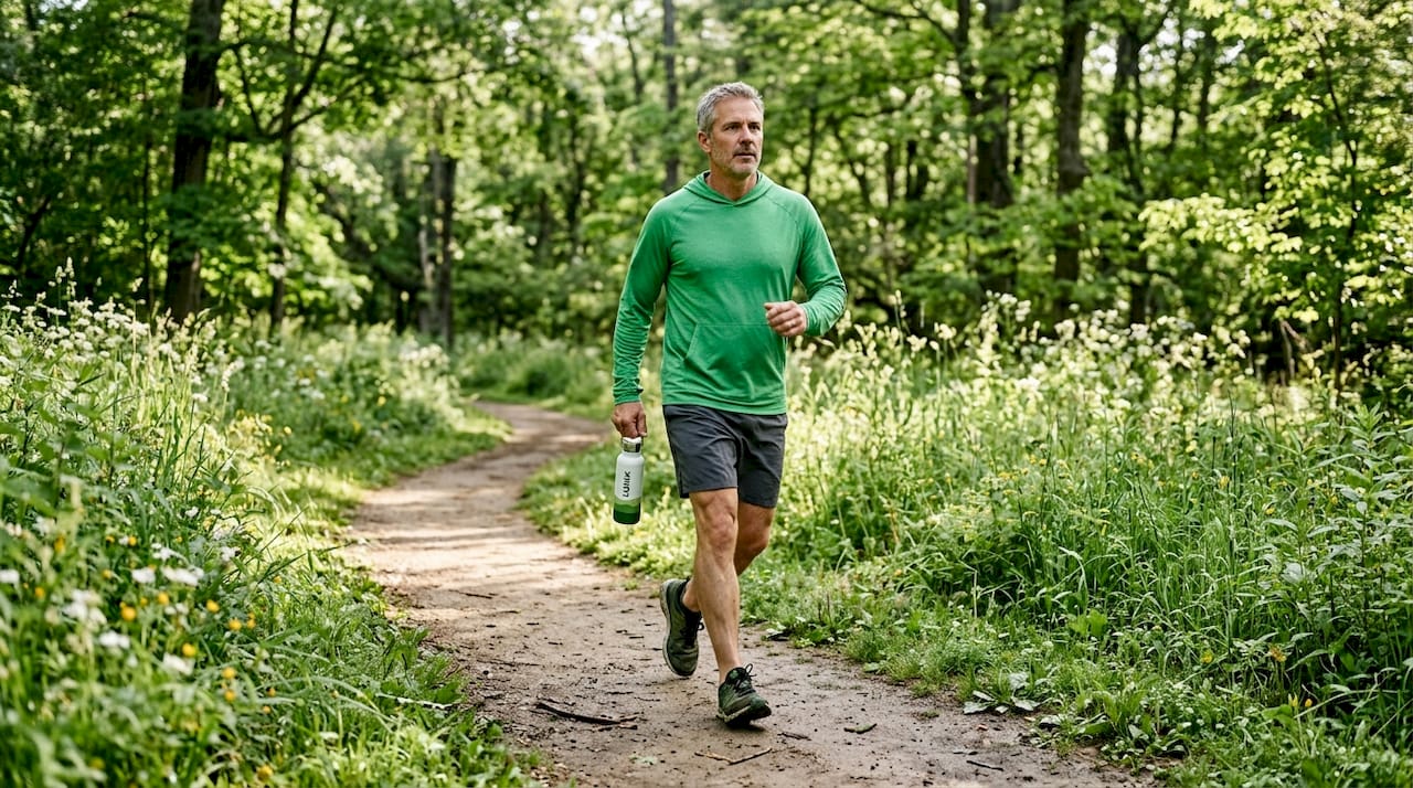 Man walking on park footpath in morning