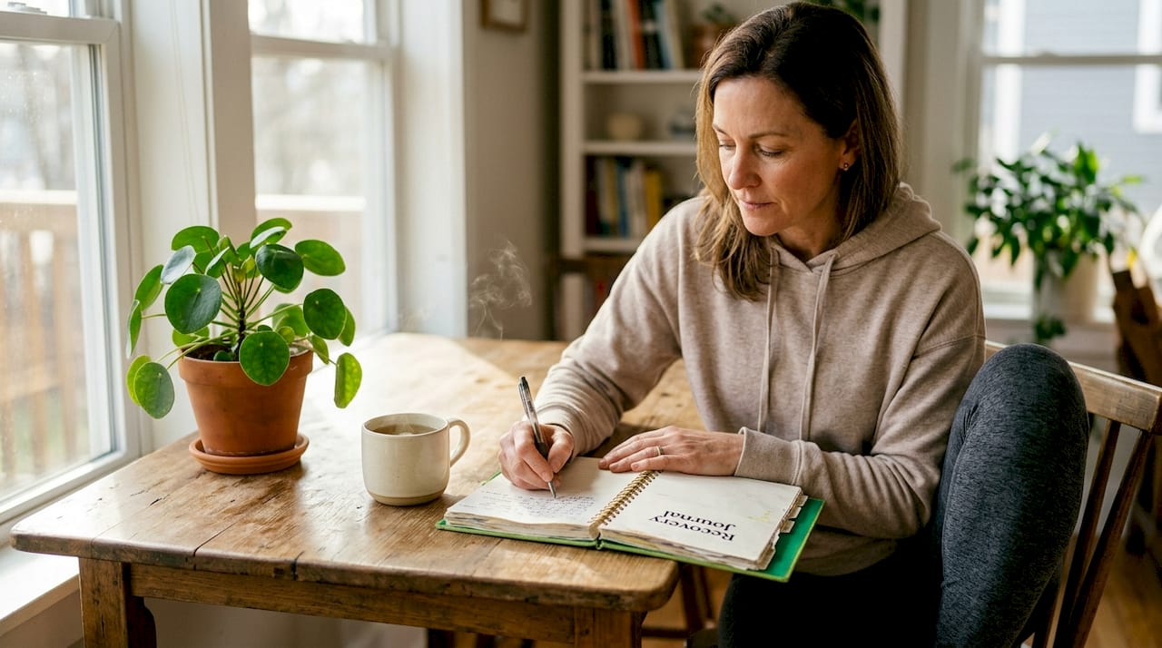 Woman journaling her recovery plan at kitchen counter