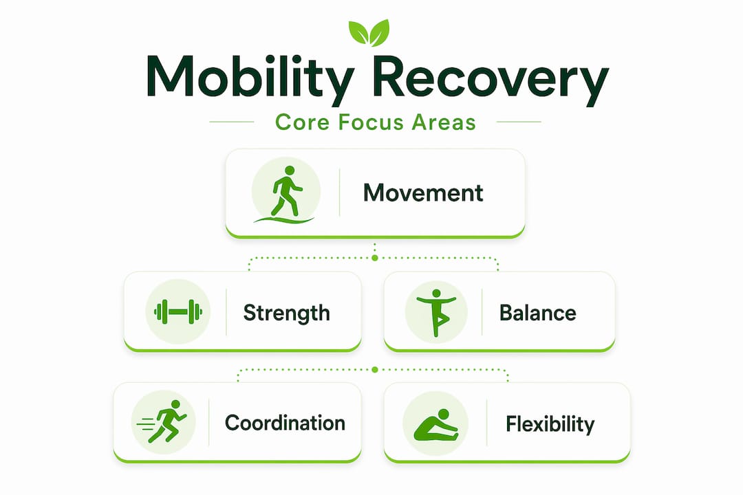 Hierarchy infographic with core mobility recovery focus areas