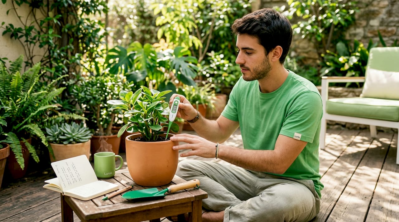 Man measuring comfort upgrades in his living room