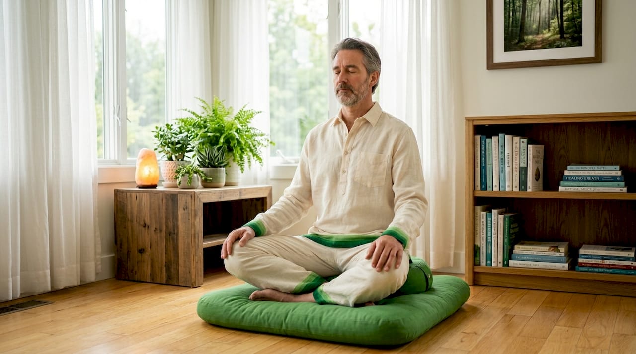 Man meditating with breath focus in home office