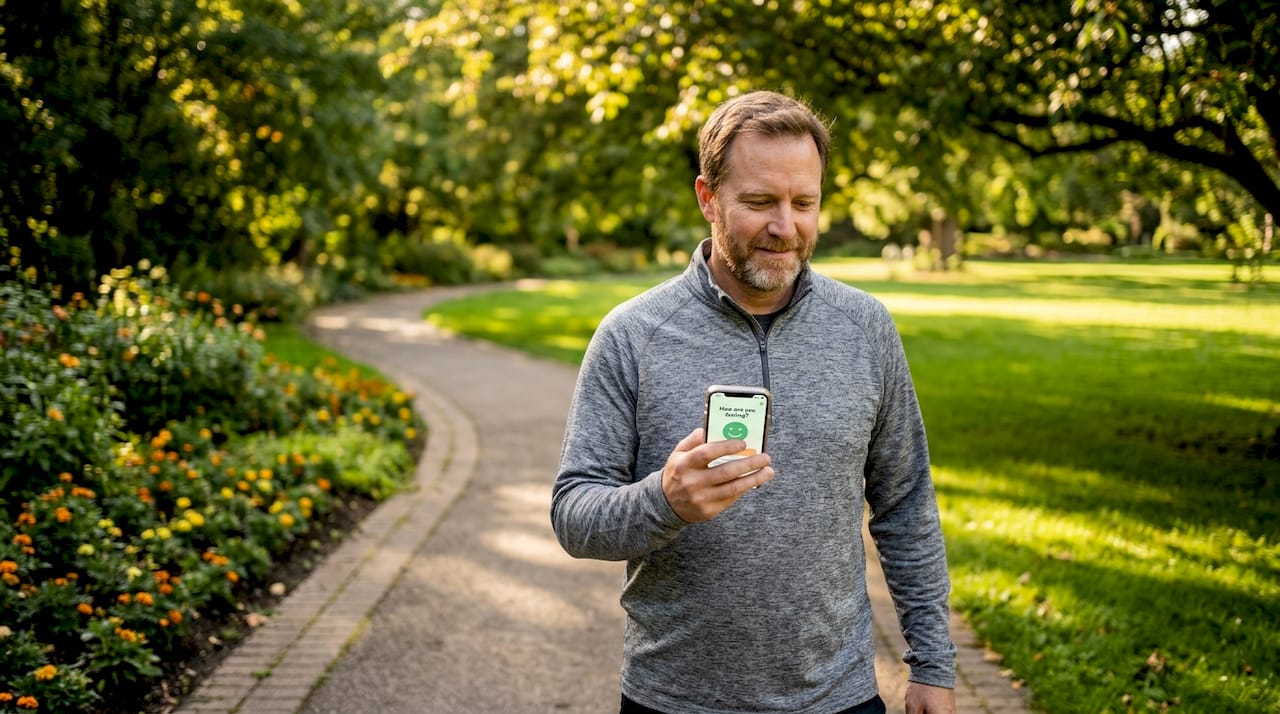 Man tracking mood on phone during daily walk