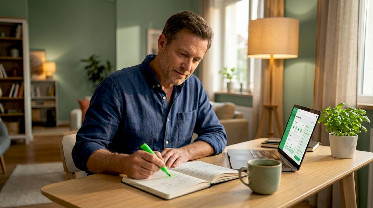 Man highlighting entries in wellness planner during weekly review