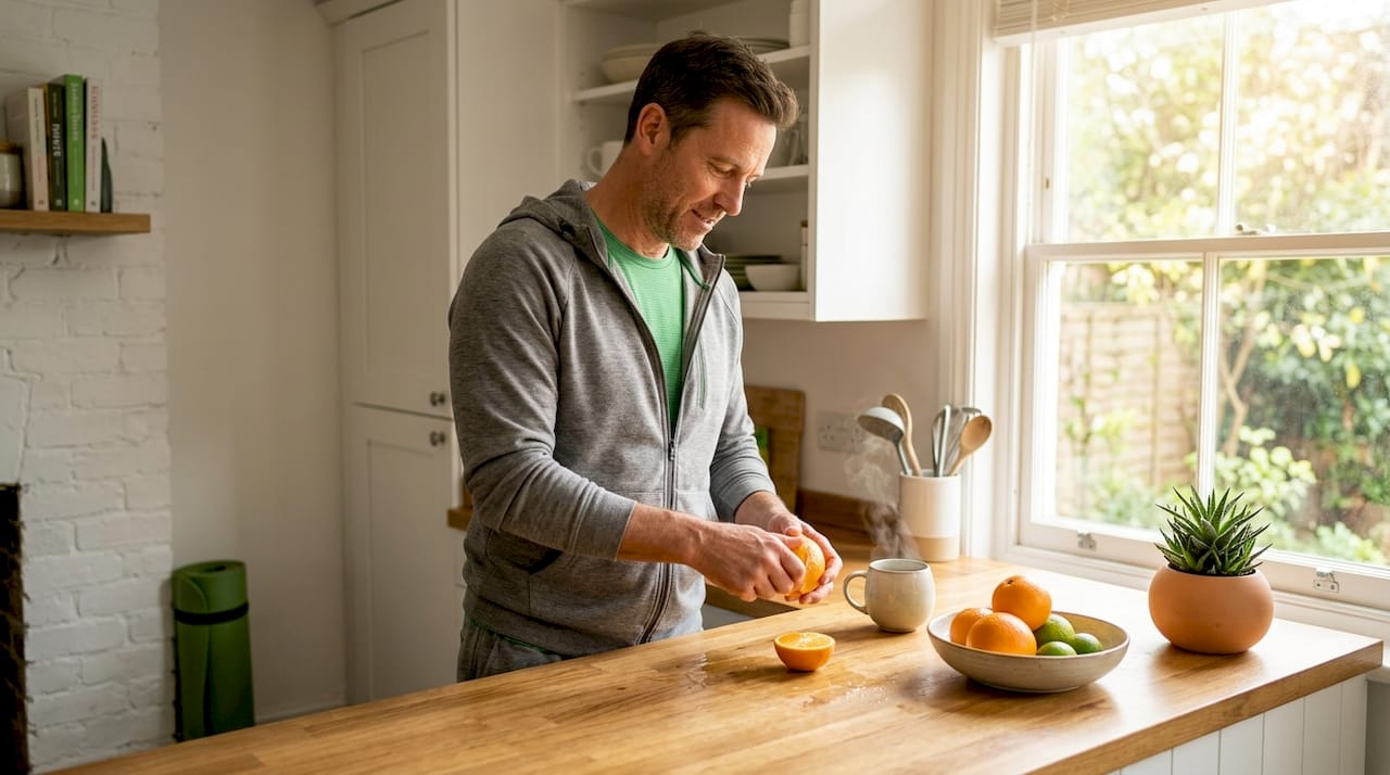 Man preparing breakfast in bright kitchen
