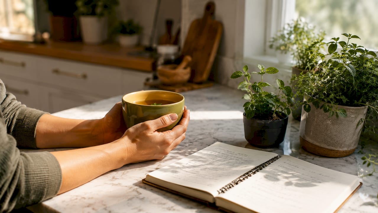 Hands holding sticky note with self-care reminders