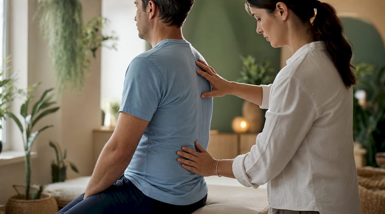 Physiotherapist assessing spine natural curves on patient