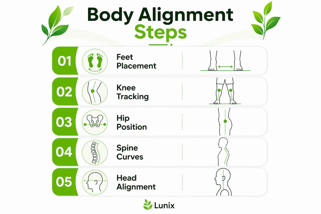 Infographic illustrating steps of proper body alignment