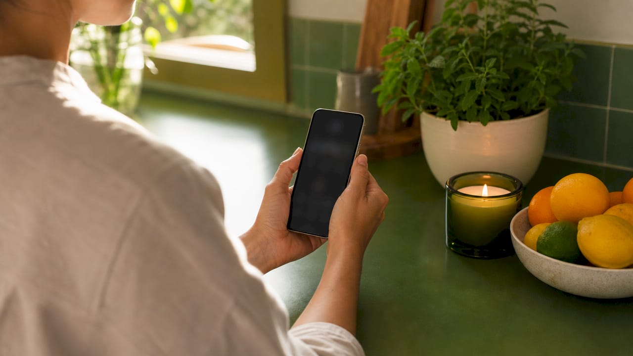 Hands holding smartphone for breathwork guidance