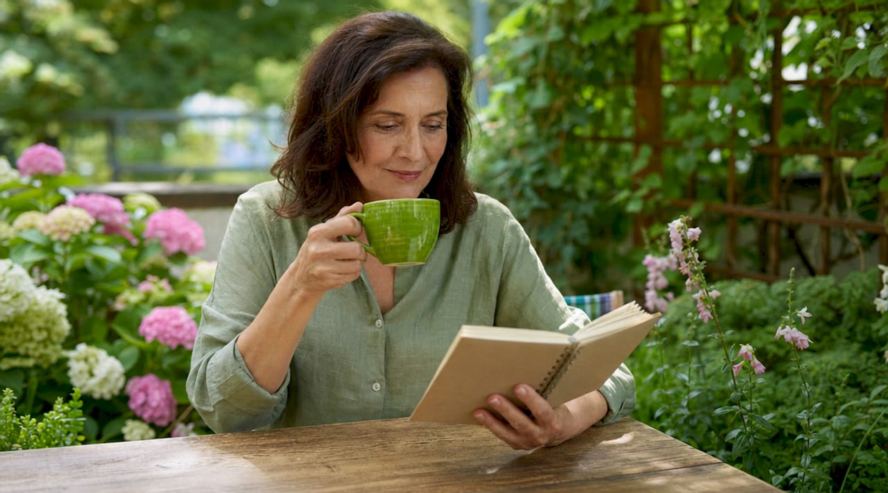 Woman reviewing personalized wellness planner with tea