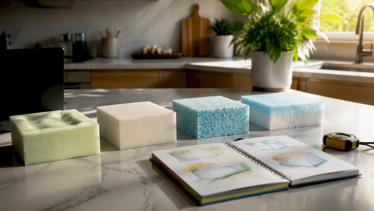 Foam samples side by side with testing tools