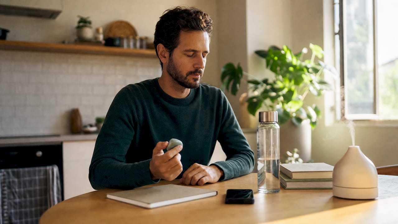 Man using stone for mindfulness focus at desk