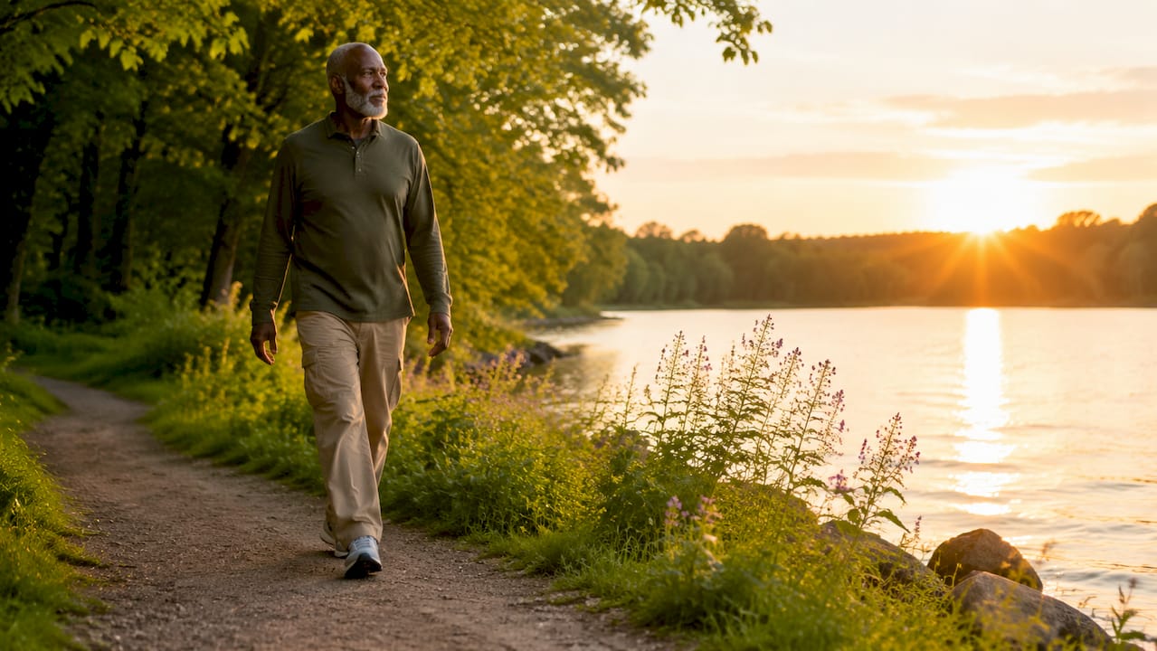 Man practicing mindful walking in forest