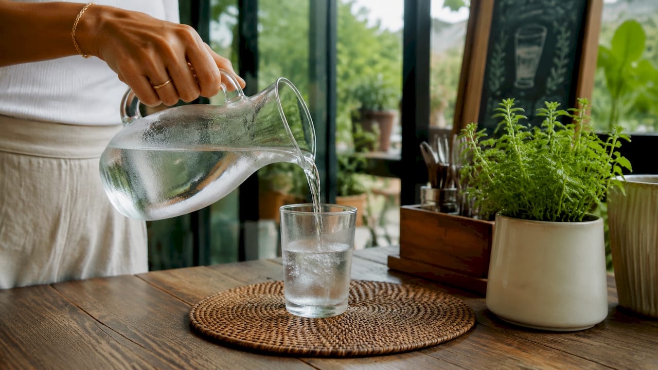 Hands pouring water beside morning coffee setup