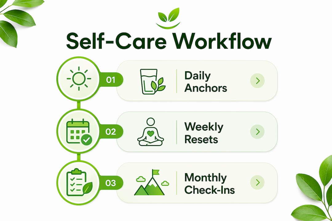 Infographic illustrating daily, weekly, and monthly self-care steps